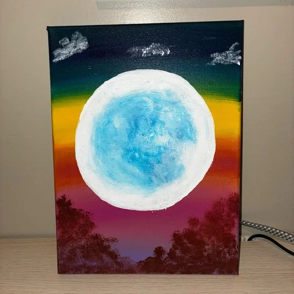 Rainbow Night Full Moon Hand Painted Wall Art 9x12 Canvas - Picture 1 of 3